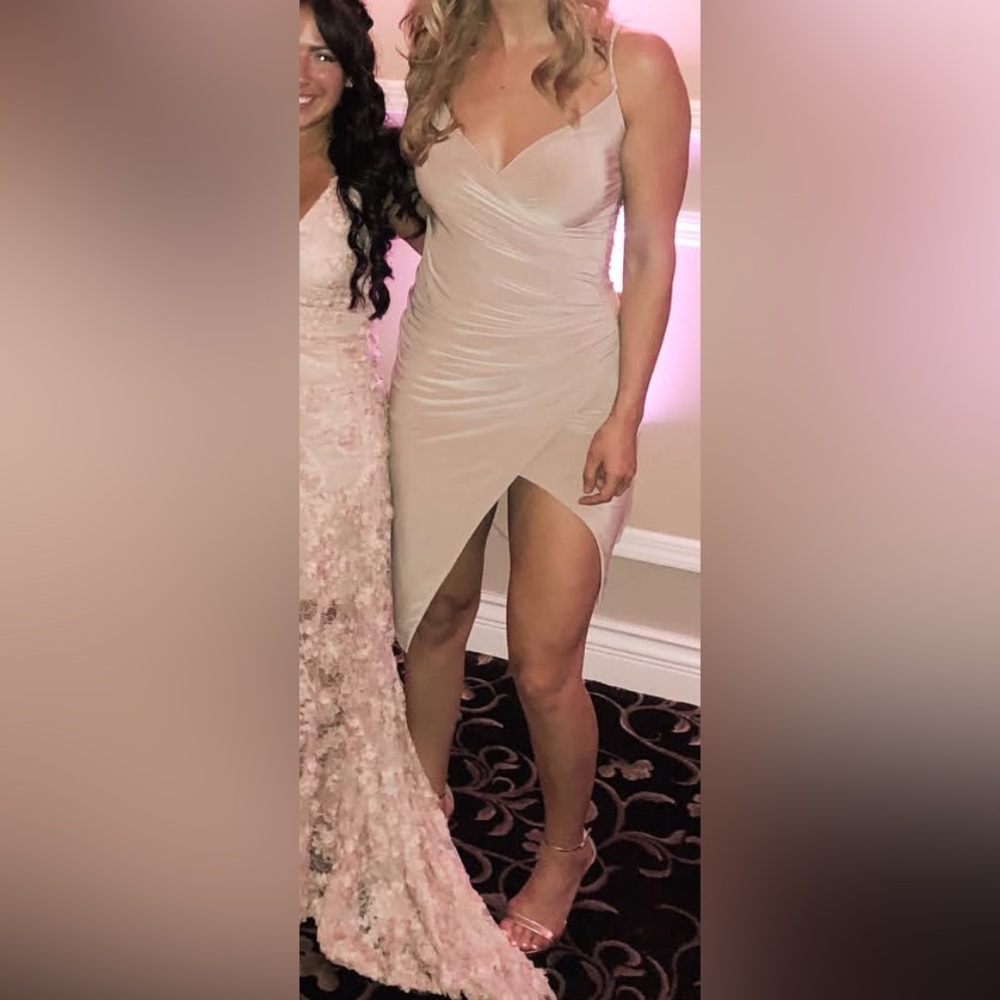 Nude slinky wrapped front mini dress